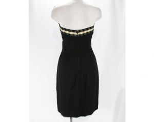 Size 8 Strapless Black Dress - 1950s Silk Chiffon & Crepe Cocktail with Gingham Ribbon Neckline - 50 - Fashionconstellate.com