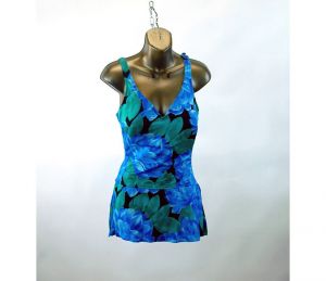 1970s swimsuit Roxanne skirt swimsuit bathing suit blue floral one piece tank 36 bust Size M
