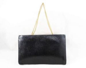 1950s Black Leather Purse - Elegant Cross-Hatched Fine Leather Bag - Rhinestone Bamboo Frame & Chain