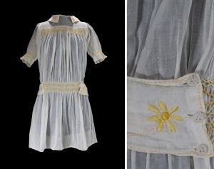 1920s Girl's Dress - Size 8 Child's Sheer White Cotton & Yellow Smocking with Daisy Embroidery 