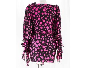Size 12 Polka Dot Silk Shirt - Designer Pink & Black Print Top - Bow Tied Shoulder and Open Sleeve - Fashionconstellate.com