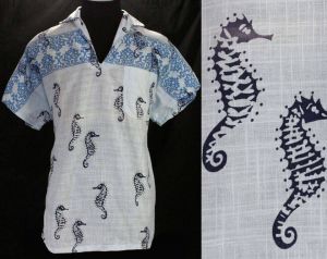 Small Men's 40s Seahorse Shirt - 1940s Novelty Print Sea Horse Cotton - Blue Tiki Aquatic Casual 