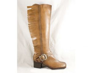Size 5 Tan Western Boots with Big Fringe - Unworn 1960s Deadstock - Country Rock Star Style Cowgirl  - Fashionconstellate.com