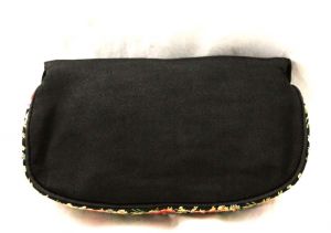Sweet 1950s Evening Purse - Black Crepe Clutch Bag with Embroidered Pink Floral Panel - 40s 50s  - Fashionconstellate.com