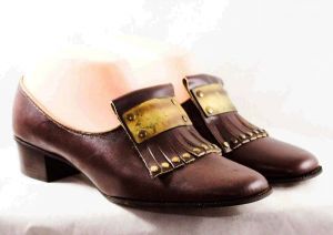 Size 7.5 Leather Loafers - Deadstock 1960s Brown Gladiator Style Shoes with Studded Fringe 