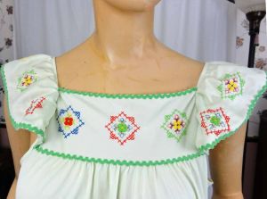 Vintage 1970s Boho Hippy Embroidery Long Lime Green Flutter Sleeve Nightgown by Lorraine | S - Fashionconstellate.com
