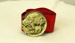 Vintage leather belt with gold Buffalo Nickle buckle red adjustable 1980s Genuine leather cinch belt