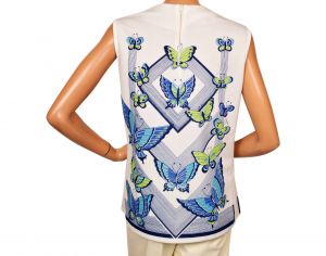 Vintage 1960s Shell Top - Butterfly Novelty Print - Blue and Green - Size S - Fashionconstellate.com