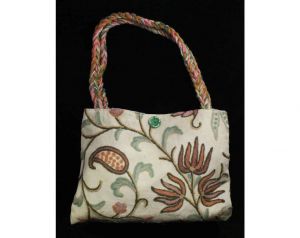 Hippie Chic 1970s Purse - Crewelwork Cotton Canvas Tote with Braided Straps - 70s Summer Boho