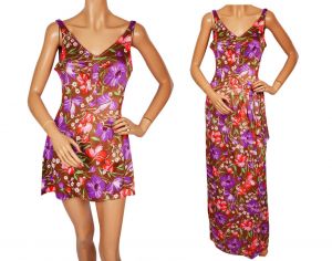 Vintage 1970s Floral Skirted Bathing Suit Plus Matching Wraparound Maxi Skirt - Beatrice Pines - M -