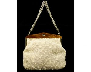 1960s White Bead-Dot Purse with Caramel Lucite Frame - 60s Candy Bead Faux Beaded Handbag - Classic 