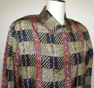 80s Colorful Print Bold Black RED Gold Blues Silky Blouse by Jordan | M-L - Fashionconstellate.com