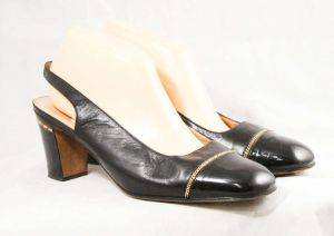 US Size 9 Celine Designer Shoes - Classic Black Leather Pumps with Patent Toe Caps