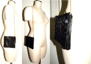 Vintage Black & Gold Beaded Evening Bag  | Disco Gold Chain Small Square Shoulder Bag | 5.5'' x 6'' - Fashionconstellate.com