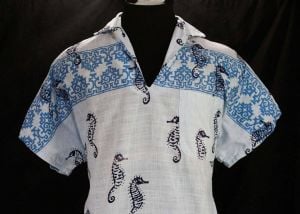 Small Men's 40s Seahorse Shirt - 1940s Novelty Print Sea Horse Cotton - Blue Tiki Aquatic Casual  - Fashionconstellate.com