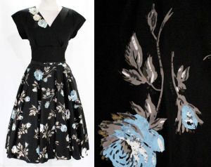 Size 8 Gorgeous 1950s Dress - Mid Century 50s Glamour - Black Fitted Bodice & Full Skirt - Sky Blue 