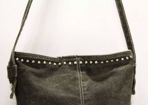 Stonewash Denim Purse - 1980s 90s Shoulder Bag - Gray Black Rock Star Denim with Studs & Faux Gems - Fashionconstellate.com