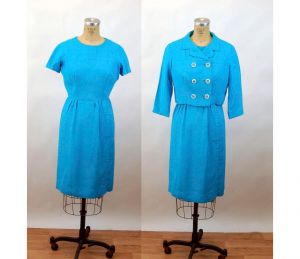 1960s dress and jacket turquoise blue linen cropped jacket double breasted Size M