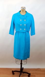 1960s dress and jacket turquoise blue linen cropped jacket double breasted Size M - Fashionconstellate.com