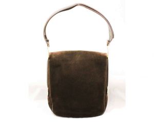 60s Brown Shoulder Bag with Modernist Gold Trappings - Chocolate Suede Mod 1960s Purse with Leather  - Fashionconstellate.com
