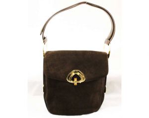 60s Brown Shoulder Bag with Modernist Gold Trappings - Chocolate Suede Mod 1960s Purse with Leather 