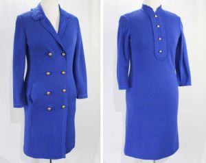 Size 4 Cobalt Blue Dress & Coat - 1960s Wool Knit Long Sleeve Sheath with Brass Nautical Buttons  - Fashionconstellate.com