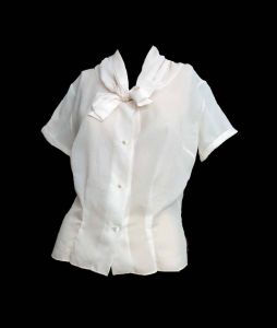 Vintage 50s Blouse Sheer Nylon Blush Pink Blouse Bow Collar Short Sleeve Secretary Blouse Le Charme