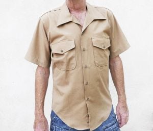 60s Tan Military Shirt, Mens Work Wear, Short Sleeve Front Pockets, Made in the USA