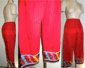 Vintage Red Cotton Sari Pants | Sequins & Print Harem Pants | Bohemian Boho | S/M