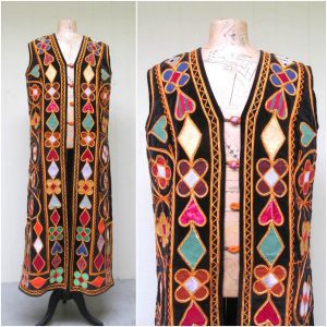 Vintage 1970s Boho Multi-Colored Patchwork Velvet Appliqué Soutache Maxi Vest, Handmade in Pakistan