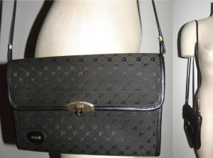 70s Black Pierre Cardin Jacquard & Leather Monogram Clutch Signature Shoulder Bag w/Leather Trim - Fashionconstellate.com