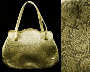 50s Evening Handbag - Gold Floral Metallic Brocade 1950s Marilyn Formal Bag - Scrollwork Leafy 