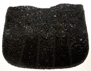 80s does 40s Black Beaded Silk Evening Bag | Small Clutch with Glass Beads