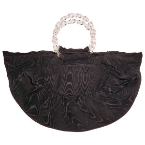 1930s Black Satin Moire Handbag, Lucite Twist Handle, Half Moon Shape - Fashionconstellate.com