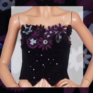 Vintage 1950s Black Strapless Velvet Top, Felt Flowers and Sequins,  Pin Up Girl, Size S