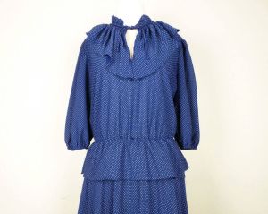 80s Dress Navy Blue White Polka Dot Tie Neck Ruffle Collar Peplum by Promises Promises| Women's 18 - Fashionconstellate.com