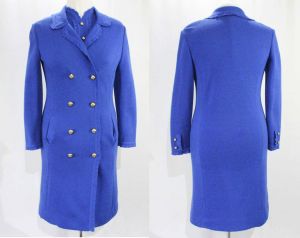 Size 4 Cobalt Blue Dress & Coat - 1960s Wool Knit Long Sleeve Sheath with Brass Nautical Buttons 
