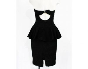 Size 2 Strapless Dress - 1990s Black Taffeta Cocktail - XS Prom Formal - Boned Bodice Peplum Ruffle  - Fashionconstellate.com