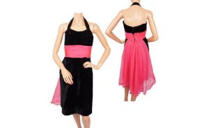 1950s Black Velvet Halter Dress w Pink Organza Train - Size Small