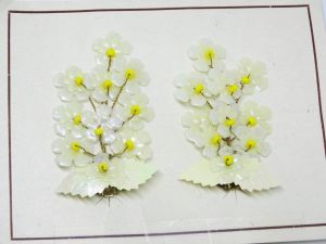 1950s Yellow and White Floral Ear Climbers Clip On Earrings Pearly White Leaves Flowers Dead Stock