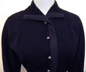 40s Gabardine Jacket | Womens WWII Era Blazer Rhinestone Buttons |  Ribbon Trim Dark Blue | XS/S - Fashionconstellate.com