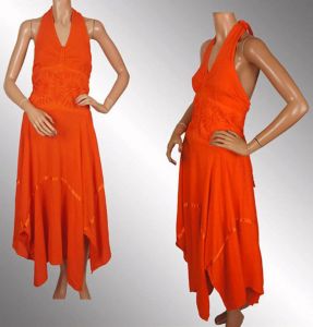 Vintage 1970s Halter Dress, Orange Cotton, Handkerchief Hem, Boho, Size M