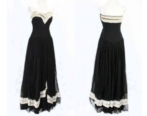 Size 000 Strapless Dress - 1940s Black Evening Gown - XXS Debutante - Boned Bodice - Ecru Antique  - Fashionconstellate.com