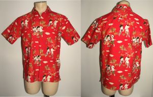 80s Red Cotton Novelty Print Shirt | Cute Kawaii Asian Children Print | Chest 40''