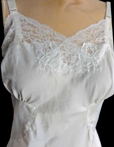 Vintage 1950s Slip Off White Rayon Satin Lace and Embroidery Trim Full Slip Hollywood Glam - Fashionconstellate.com