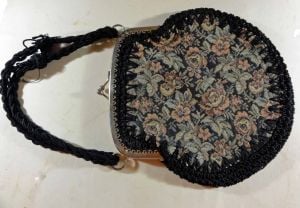 Vintage Evening Bag Tapestry Needlepoint Purse Floral Handbag Made in Italy Black Crochet | As Is - Fashionconstellate.com