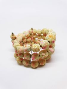 1930s Pastel Pink Orange Overdyed Floral Carved Bone Bead Triple Strand Expansion Bracelet