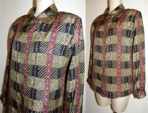 80s Colorful Print Bold Black RED Gold Blues Silky Blouse by Jordan | M-L