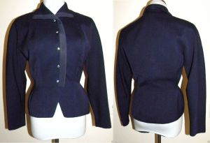 40s Gabardine Jacket | Womens WWII Era Blazer Rhinestone Buttons |  Ribbon Trim Dark Blue | XS/S