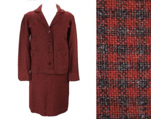 Size 10 Tweed Suit - 1950s Brick Red & Charcoal Gray Tailored Medium Jacket and Skirt - Maroon Check
